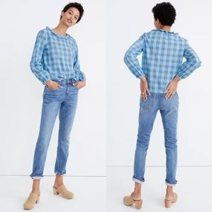 MADEWELL | Blue Colwell Plaid Ruffle Neck Top size  Small